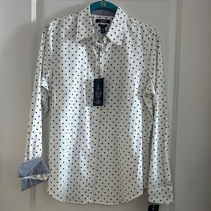 Chaps Womens White Shirt with Navy Polka Dots